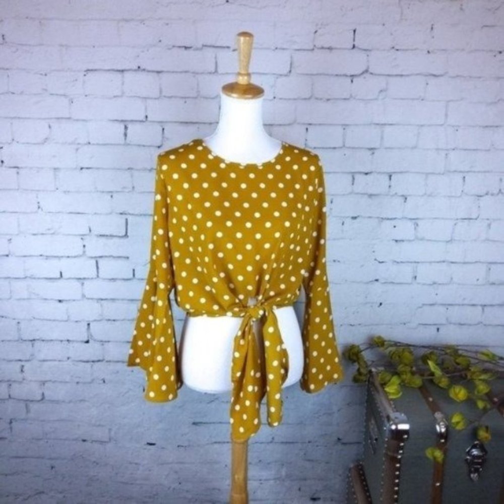 Tie Front Cropped Polka Dot Bell Sleeve Top Gold Large